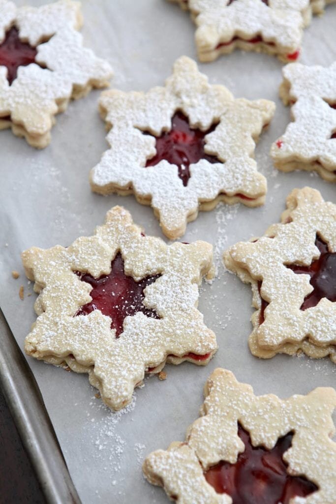 Raspberry Linzer Snowflake Cookies